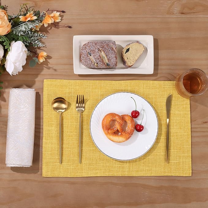 SHACOS Washable Cloth Placemats Set of 6 Fabric Place Mats Non Slip Double Layered Thick Faux Linen Placemat Reversible Table Mats Home Wedding Table Decor, Yellow