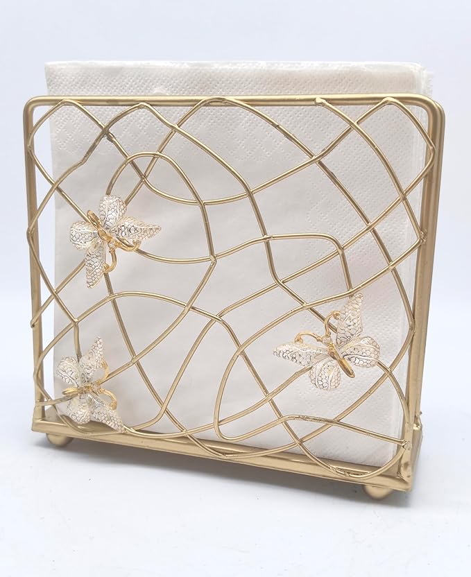 Gold Butterfly Ascent Tabletop Napkin Holder | Metal Freestanding Vertical Tissue Paper Servilleta Dispenser Organizer Letter Holder | Home Kitchen Restaurant Hotel Party Dining Table Décor