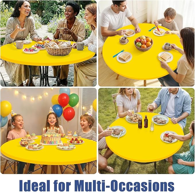 Round Spandex Tablecloth 2 Pack, Elastic Fitted Waterproof Tablecloths for 57"-68" Tables, Stretch Washable Picnic Table Cover for Camping, Dining, Indoor and Outdoor, Yellow