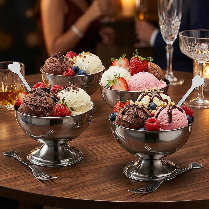 4 Pcs Stainless Steel Ice Cream Bowls Footed Dessert Cups for Sundae Parfait Yogurt Pudding Cake Salad Fruit Snacks Home Kitchen Use
