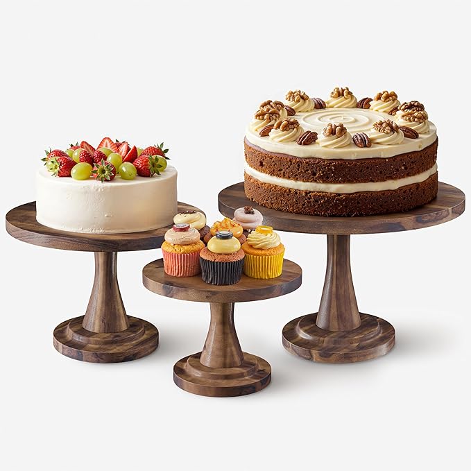 Set of 3 Acacia Wooden Cake Stand - 3PCS Wedding Cake Stand (8"/10"/12" Plate), Outdoor Wood Pedestal Stand for Parties, Restaurants, Birthday - Decorating Cake, Dessert Display (Walnut color)
