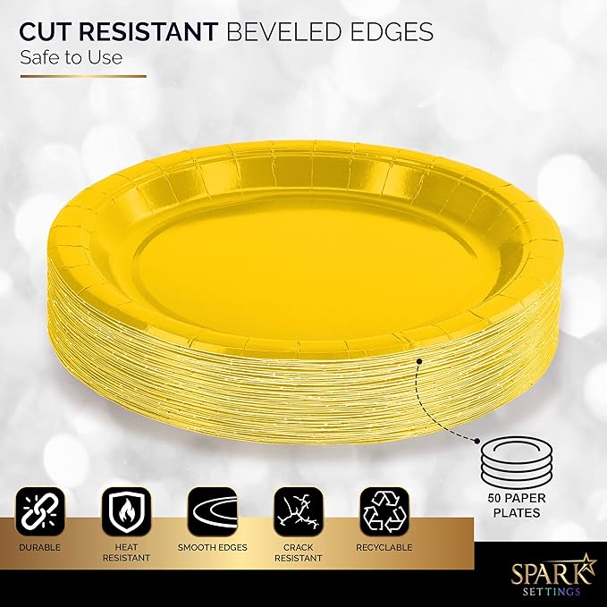 Disposable Paper Plates Yellow, 7 Inch Paper Dessert Plates, Strong and Sturdy Disposable Plate for Party, Dinner, Holiday, Picnic, or Travel Party Plate, Pack of 50