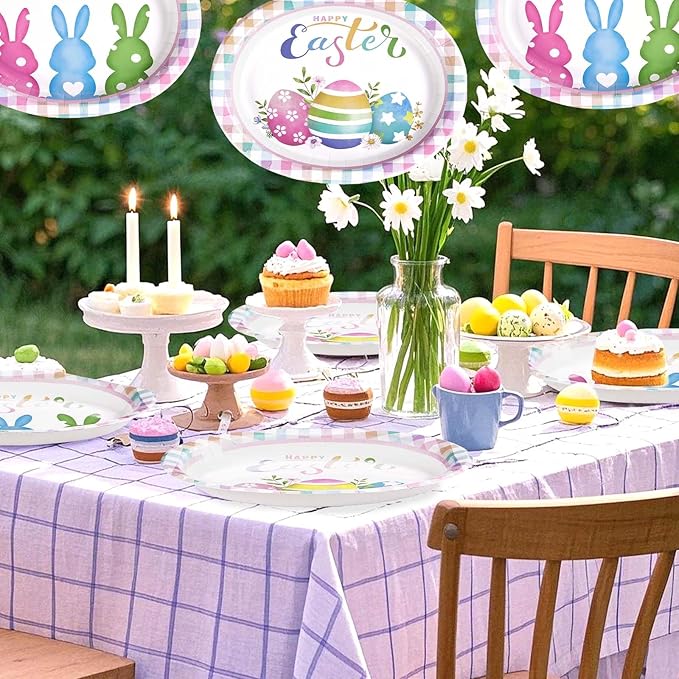 50 Pcs Easter Oval Paper Plates 10" x 12" Large Easter Bunny Egg Plates Heavy Duty Disposable Rabbit Dinner Plate Colorful Plaid Platters for Spring Holiday Baby Shower Birthday Party Supplies Decor