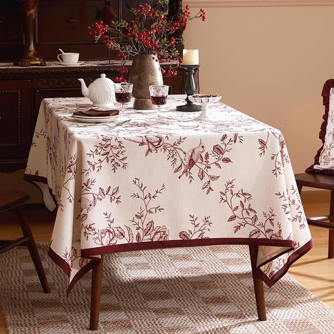 ISAENNE Designer Vintage Linen Extra Long Rectangle Tablecloth,Red Floral Pattern Linen Stain Resistant Table Cloth,Decor Tablecloths for Dining Thanksgiving Kitchen Party,67"*118"-Harmony