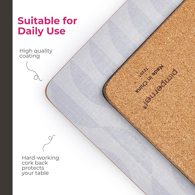 Pimpernel Eclipse Storm Grey Placemats, Set of 4 – (15.7" x 11.7") Elegant, 5mm Cork-Backed Dining Mats with Heat & Stain Resistant Lacquer Finish, Durable Protective Table Accessories