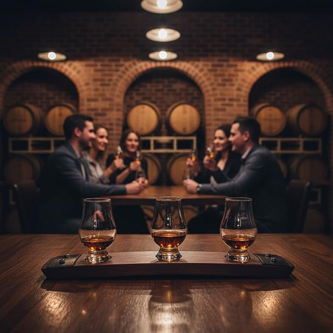 Premium Barrel Stave Whiskey Flight: Scotch & Bourbon, 3 Glencairn Crystal Glasses (No Glasses, Red Mahogany)