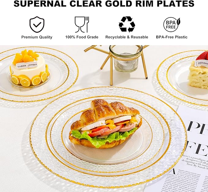 Ciaell 150PCS Clear Gold Plastic Plates - Disposable Gold Rim Plates include 25Dinner Plate, 25Dessert Plate, 25Forks, 25Knives, 25Spoons, 25Cups for Wedding & Party