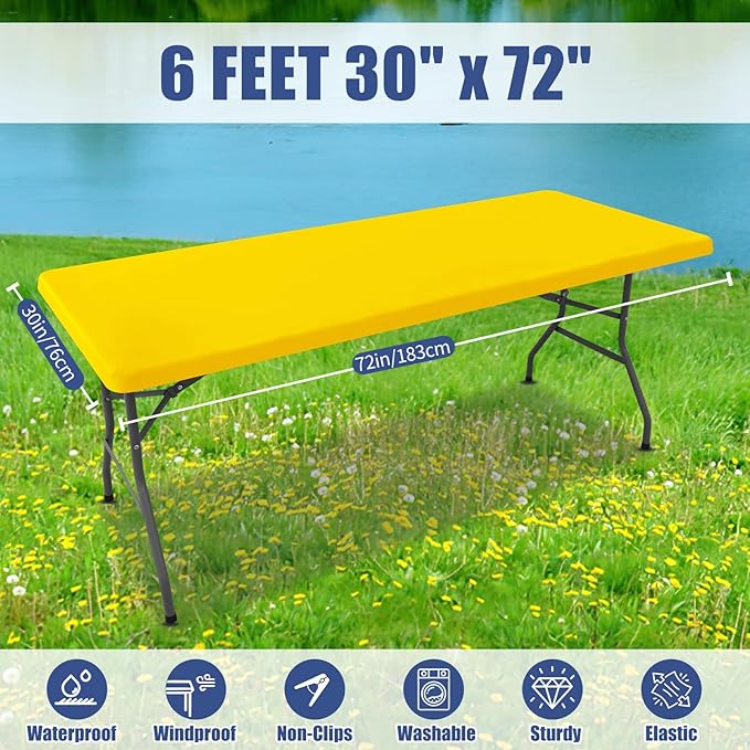 Spandex 6 Foot Rectangle Table Cloth 2 Pack, Elastic Fitted Tablecloths for Picnic, Stretch Washable Patio Table Cover for Outdoor, Camping, Banquet and Parties (Yellow, 30"x72")
