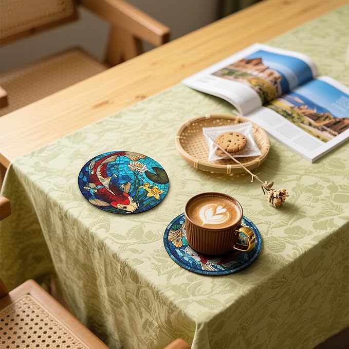 Fish Coasters Leather Round Drink Coasters 6 Pcs Set with Holderor for Cup Drink Coffee Table Bar Home Decor