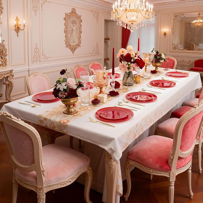 I00000 150Pcs Red Plastic Plates with Gold Rim,Fancy Plastic Plates,Nice Disposable Plates Set include 30 Dinner Plate,30 Dessert Plate, 90 plastic Silverware Set for Valentine's Day