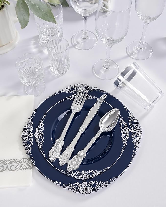 Hioasis 350pcs Blue and Silver Plates - Blue Party Plates for 50 Guest, Include 100 Heavy-duty Plates(20% Thicker Than Standard), 150 Cutlery Set, 50 Napkin, 50 Cups