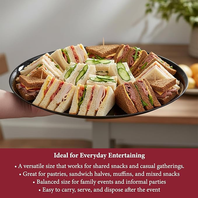Smarty Had A Party 14 Inch Black Round Plastic Serving Tray – Heavy-Duty Plastic Serving Trays for Parties, Catering & Buffets, Elegant Disposable Party Platters & Trays – 25-Pack