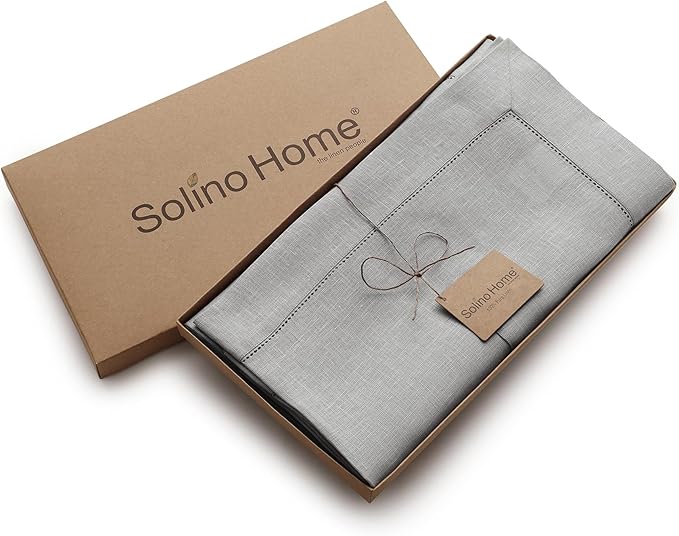 Solino Home Linen Soft Grey Tablecloth 60 x 144 Inch - Classic Hemstitch, 100% Pure Linen Rectangular Tablecloth - Machine Washable Table Cloth for Winter, Spring, Easter