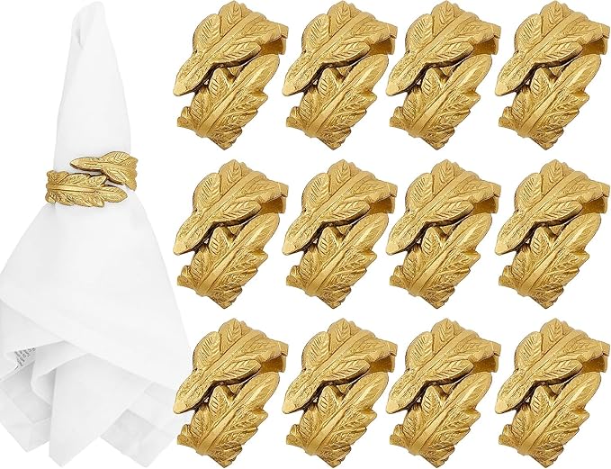 CLEENTABLE Gold Leaf Napkin Rings Set of 12 - Round Metal Napkin Holders for Dining Table Settings - Elegant Leaf Design for Weddings, Parties, Holiday Décor, Family Dinners & Special Occasions