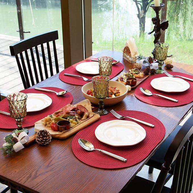 Noctiflorous Oval Braided Placemats Set of 6 Woven 12x18 Inch Non Slip Washable Heat Resistant Place Mats Round Tablemats for Dining Kitchen Party Daily Table Decor Dinner Mats (Red, 6)