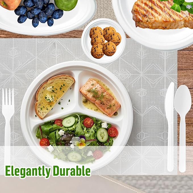 3 Compartment Compostable Heavy Duty Disposable Paper Plates, 150 Count | 10 Inch Round | Natural Bagasse, White Biodegradable Eco-Friendly School Lunch, Buffet, Party Sugarcane Tray