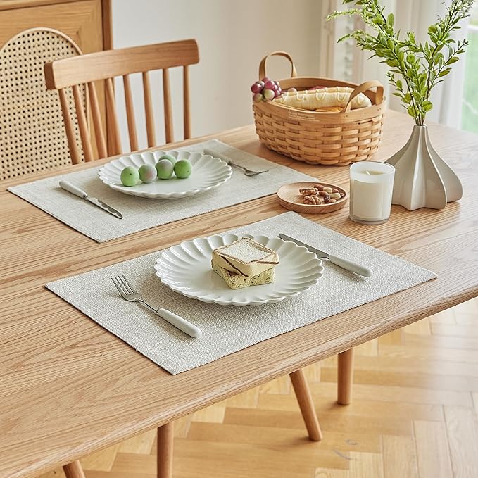 Softalker Faux Linen Placemats Set of 6-12 x 18 Inch, Heat Resistant Double Layered Durable Burlap Farmhouse Place Mats, Non-Slip Washable Rustic Table Mats for Dining, Kitchen, Party（Cream