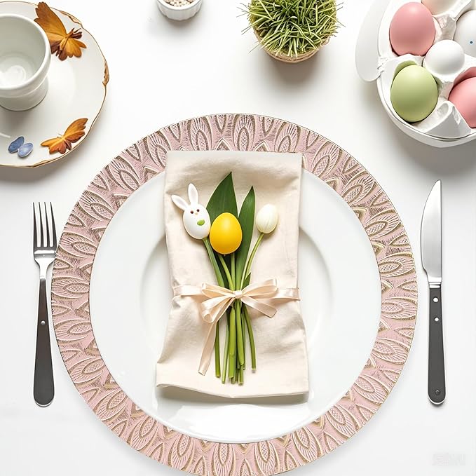 Pink Charger Plates, 13 Inch Set of 6 Plastic Peacock Chargers for Dinner Plates,Table Settings, Easter, Thanksgiving, Christmas Party, Family Gathering.