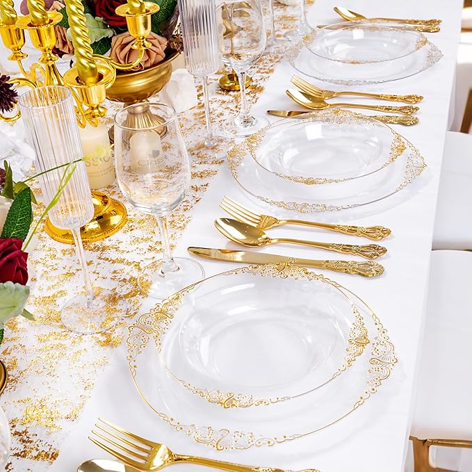100PCS Clear Gold Plastic Bowls - 12 oz Clear Disposable Salad Bowls - Heavy Duty Disposable Soup Bowl - Fancy Plastic Ice Cream Bowl for Weddings, Parties, Dinners, Picnics,