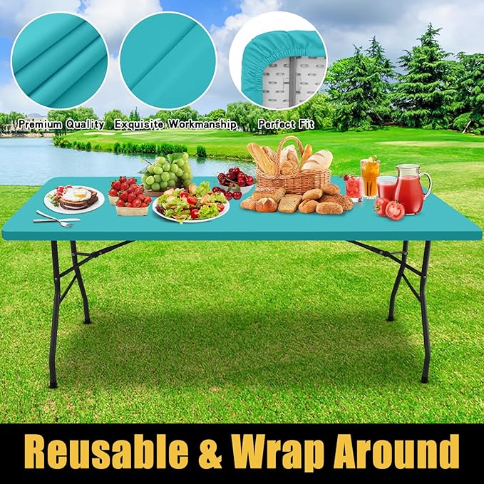Smiry Rectangle Picnic Table Cloth, Waterproof Elastic Fitted Tablecloths for 5 Foot Tables, Washable Polyester Table Cover for Camping, Indoor and Outdoor (Turquoise, 30"x60")