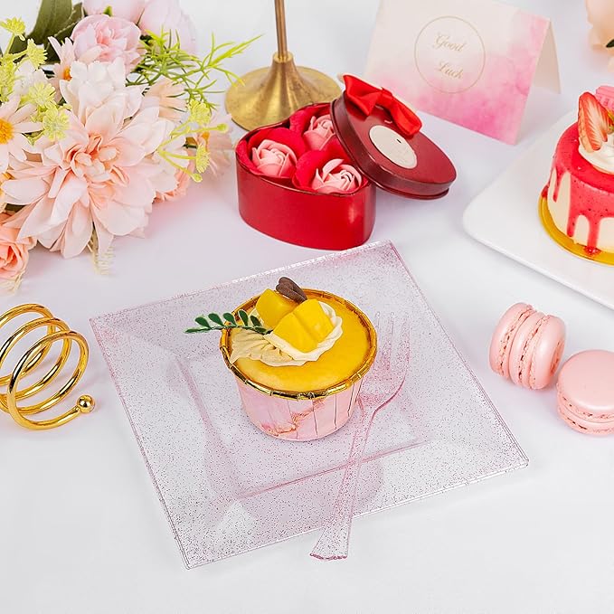 DaYammi 200 Pcs Pink Dessert Plates Including 100Pcs Appetizer plates 6'',100Pcs Plastic Forks 5.7'',Rose Glitter Plastic Square Plate for Wedding,Pink Cake plates and forks for Valentine's Day Party