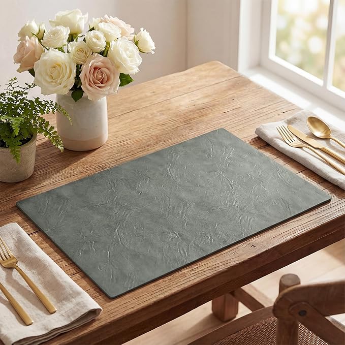 Artoid Mode Grey Faux Leather Placemats Set of 6, 12x18 Inch Waterproof Wipeable Heat Resistant Vinyl Place Mats, Reversible Table Mats for Winter Kitchen Dining Decor