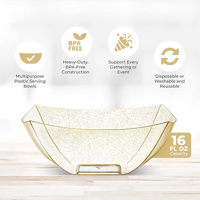 Posh Setting - Gold Glitter Plastic Serving Bowls for Party (16oz - 4 Pack) Square, Disposable, Candy Containers for Candy Buffet