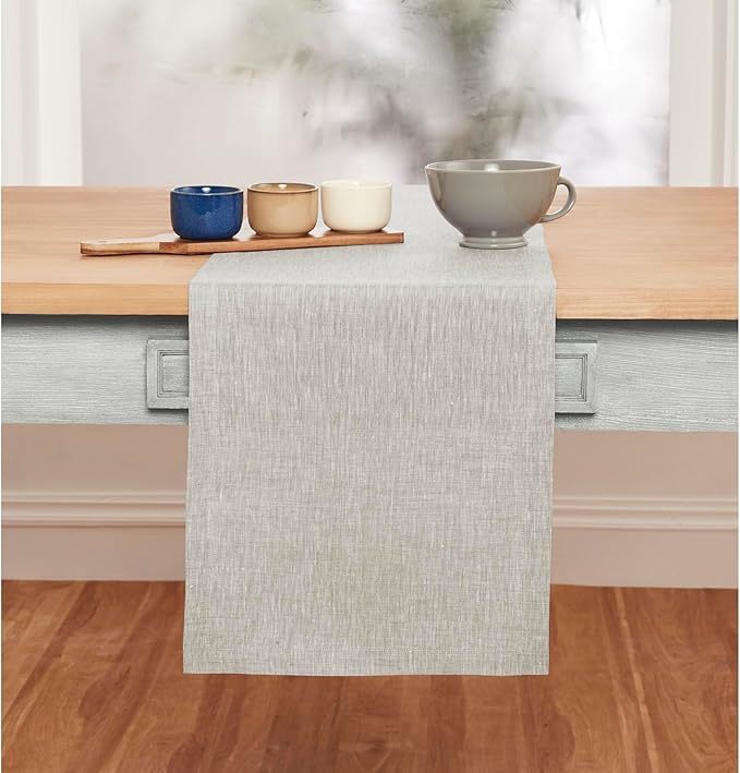 Solino Home Linen Table Runner 144 Inches Long - Athena, 100% Pure Linen Oyster Grey 14 x 144 Inch Table Runner for Dining, Spring, Easter