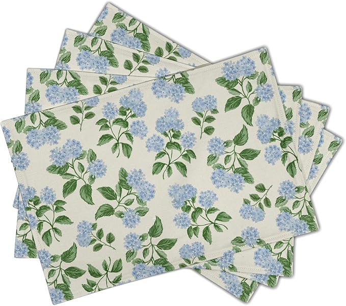 Hydrangea Placemats Set of 4 - Spring Summer Place Mats 12x18 Blue Floral Table Mats Flower Kitchen Mats for Party Dining Table