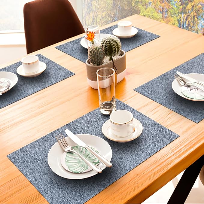 homing Faux Leather Heat Resistant Placemats 8 Packs, Waterproof Wipeable Dining PU Place Mats for Indoor & Outdoor, Easy to Clean, Denim Blue