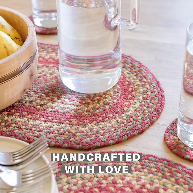 Homespice Cider Barn Jute Braided Coasters 4", Warm Country Rustic Decor, Set of 6, Red - Durable, Absorbs Moisture, Easy to Clean and Protects Furniture