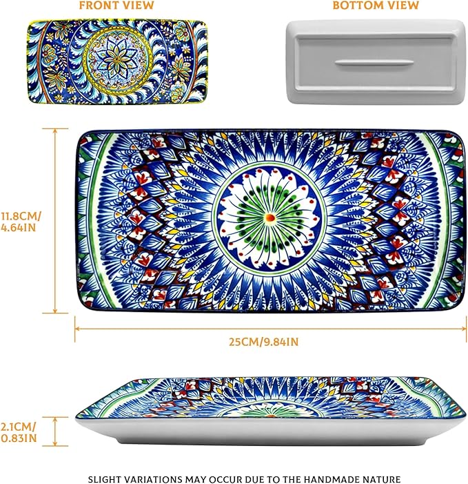 10 Inch Rectangular Ceramic Plates Set of 6 - Bohemian Floral Design in 6 Vibrant Colors, Oven & Microwave Safe Porcelain Appetizer, Salad & Dessert Plates