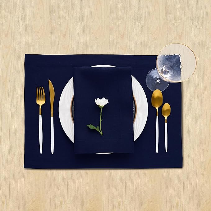 Solino Home Linen Navy Blue Placemats Set of 4 - 100% Pure Linen Placemats 14 x 19 Inch for Winter, Spring, Easter - Fete