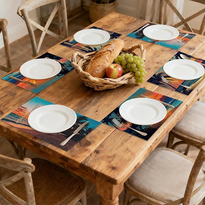 Sunset Trees Sea Beach Placemats, Tropical Palm Placemats 12x18 Inch Waterproof Non-Slip Washable Table Mats for Kitchen Dining Party Table Decor,Set of 6
