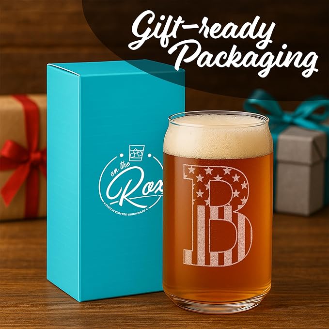Monogram Beer Glasses for Men (A-Z) 16 oz - Beer Gifts for Men Brother Son Dad Neighbor - Unique Gifts for Him - Personalized Drinking Gift Beer Glass Mugs - Engraved Beer Can Glass (B)