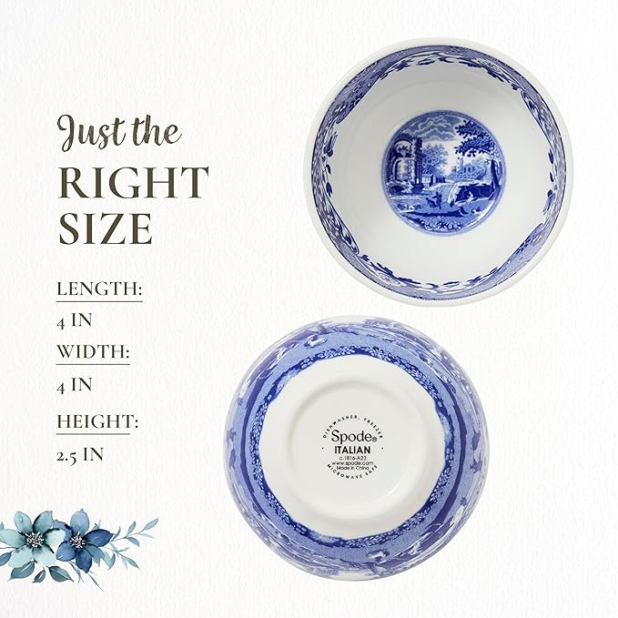 Spode Blue Italian Dip Bowl Set of 4-4-Inch Porcelain Bowls with Oriental Design, Dishwasher & Microwave Safe Tableware for Dip, Side, Appetizers, Dessert - Blue & White Dinnerware