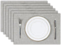 Kevin Textile Burlap Linen Placemats Set of 6 Heat Resistant Dining Table Place Mats Washable Kitchen Table Mats for Dinning Party Holiday Indoor Outdoor, 13 x19 inches, Grey White