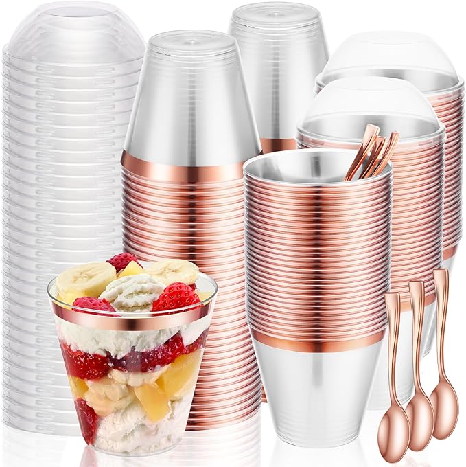 Jinei 50 Sets 9 oz Rose Gold Plastic Dessert Cups with Dome Lids Spoons Rimmed Clear Disposable Plastic Fruit Cups with Lids for Yogurt Parfait Pudding Cupcake Ice Cream Party Wedding Reception