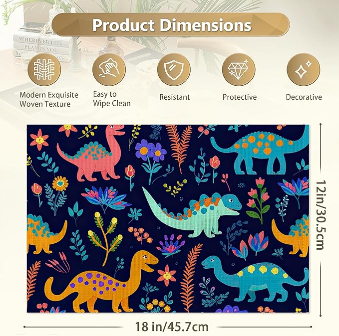 Dinosaurs Placemats Set of 6,12x18 Inch Table Mats for Colorful Dinosaurs Kitchen Table Washable Farmhouse Linen Table Mats Dining Decoration