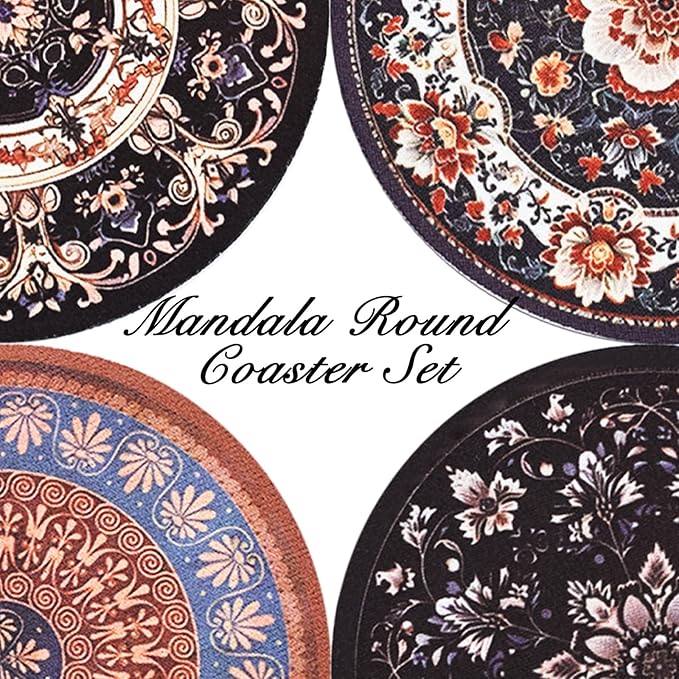 Bohemian Round Coasters Set of 4,Vintage Mandala Coasters for Drinks Absorbent Rubber Drink Coaster for Cup with Non Slip Backing Coffee Table Wine Glass Home Bar 4.7 inch