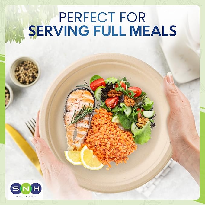SNH Packing 100% Compostable Plates 9 Inch [125-Pack], Heavy Duty Dinner Paper Plates, Eco-Friendly Biodegradable Sugarcane Bagasse, Natural Brown Disposable Plates for Dessert, Party, BBQ & Picnic