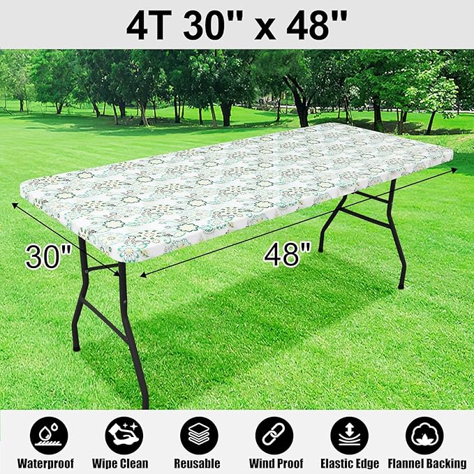 Smiry Rectangle Table Cloth Cover, Waterproof Elastic Fitted Picnic Tablecloth for 4 Foot Tables, Wipeable Flannel Backed Vinyl Tablecloths for Camping, Dining, Outdoor (Teal & White, 30" x 48")