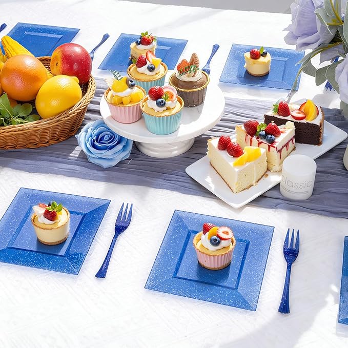 DaYammi 100Pcs Blue Dessert Plates 6" with Forks 5.7"- Small Disposable Dessert Plates- Serve 50 Guests include 50 Cake plates,50 Plastic Forks for Party,Disposable Appetizer plates for Wedding