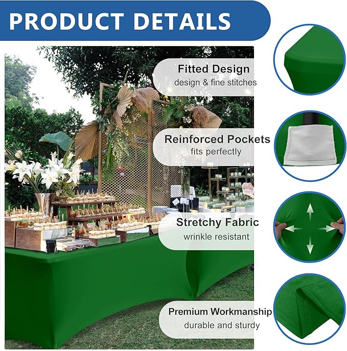 Stretch Table Cover for 6 Foot Rectangle Tables-6 Pack Green Spandex Fitted Tablecloth-Elastic 6ft Christmas Tablecloths for Party, Vendor Booth Display, Banquet Buffet, Craft Trade Show
