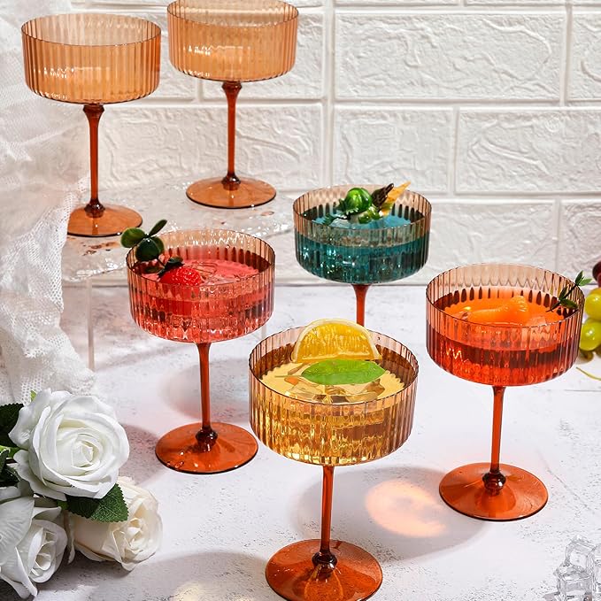 12 Pcs Ribbed Martini Glasses 10 oz Disposable Plastic Vintage Ribbed Coupe Glasses Unbreakable Dessert Parfait Glassware for Wedding Birthday Party Supplies (Brown)