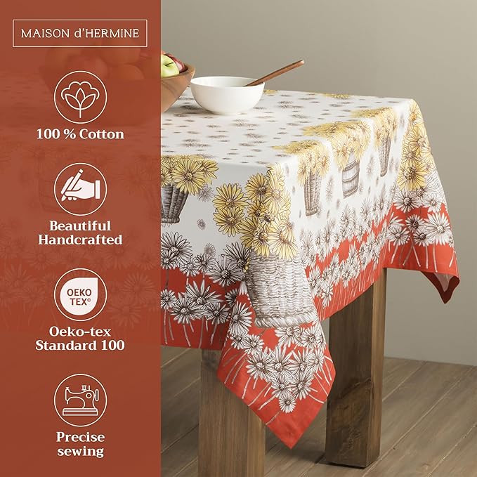 Maison d' Hermine Table Cloth Rectangle Table 100% Cotton 60 x 108 Inches Fall Tablecloth Reusable Everyday Use for Thanksgiving Christmas Decorations Dining Farmhouse Party (Bagatelle)