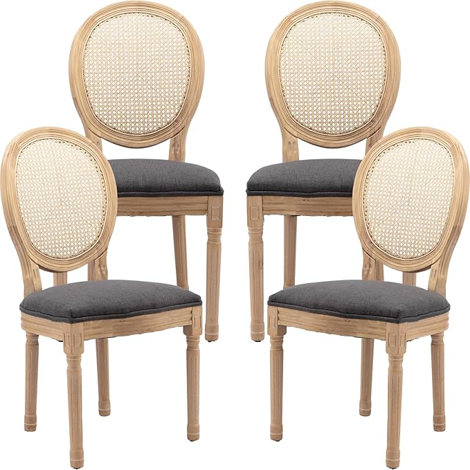 Vintage French Rattan Dining Chairs Set of 4, Solid Wood Frame with Round Rattan Back and Linen Upholstered Seat, Farmhouse Accent Sillas de Comedor Side Chairs for Dining Room & Kitchen, Gray