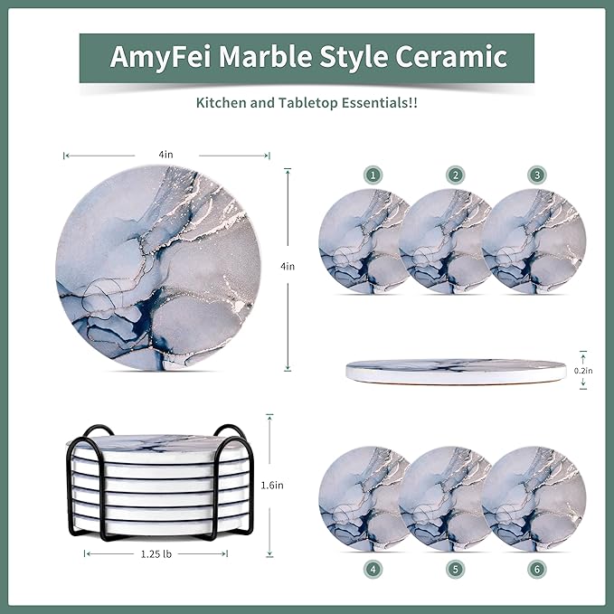 Round Coasters, Crystal Blue Ceramic Marble, 6 Pcs for Drinks, Non-Slip for Desk & Room Decor (4 Inches)