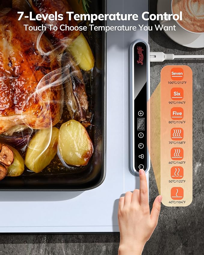 Electric Warming Mat for Food, Roll-Up Silicone Heating Pad with 7 Adjustable Tempmaster Levels, Foldable Warming Tray for Countertop,Buffet Party, Kitchen & Home, Child Lock, Light Blue