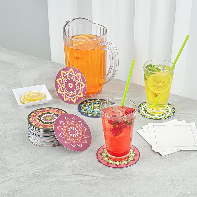 Restaurantware Super Absorbent Coasters 48 Case 4 Inch Assorted Paper Bar Coasters High-Density Pulpboard Beverage Coasters Moisture-Absorbing Durable Drink Coasters - Assorted Designs